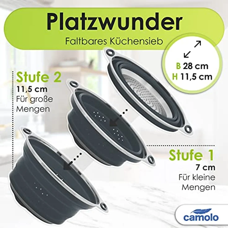 Camolo Nudelsieb Abtropfsieb Sieb Küchensieb Faltbar Klappbar, Silikon, Edelstahl – Bild 10