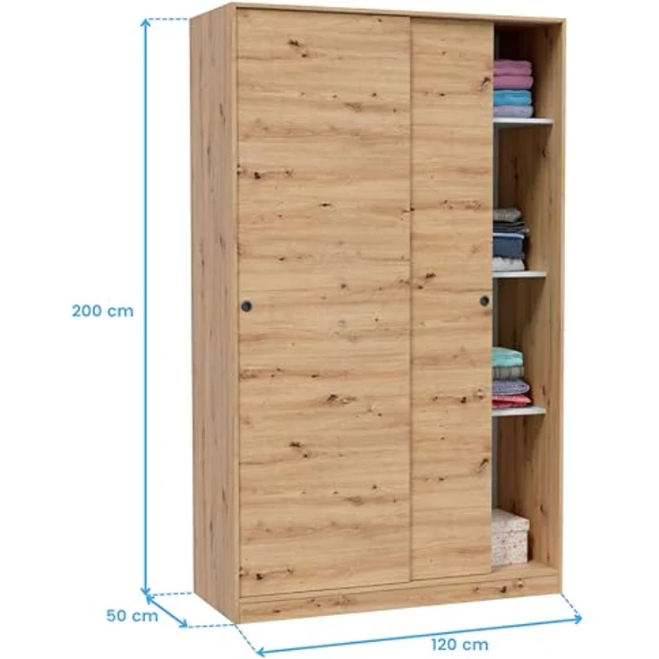 Habitdesign, Kleiderschrank mit 2 Schiebetüren – moderner Schwebetürenschrank für Schlafzimmer oder Jugendzimmer in Eiche Nodi, viel Stauraum, Maße: 120 x 200 x 50 cm (B x H x T), Modell Enzo – Bild 3