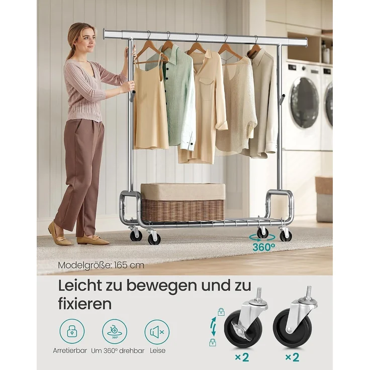 SONGMICS Kleiderständer, Schwerlast-Garderobenständer, auf Rollen, ausziehbare Kleiderstange, verstellbare Höhe, mit Ablage, Haken, silbern HSR014E01 – Bild 7