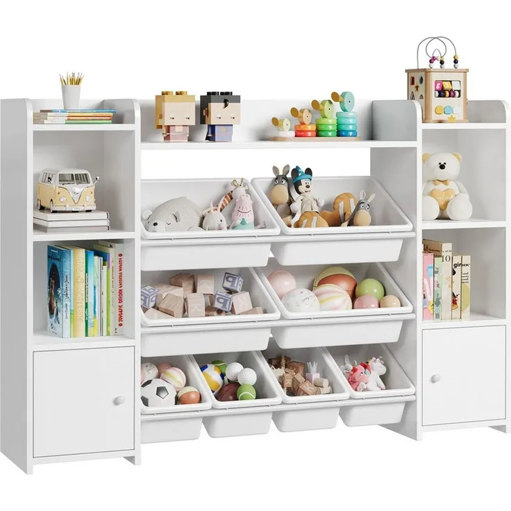 Homfa Spielzeugtruhe, Kinderregal Bücherregal Spiegelregal mit 8 Boxen weiß 138 x 29 x 94 cm