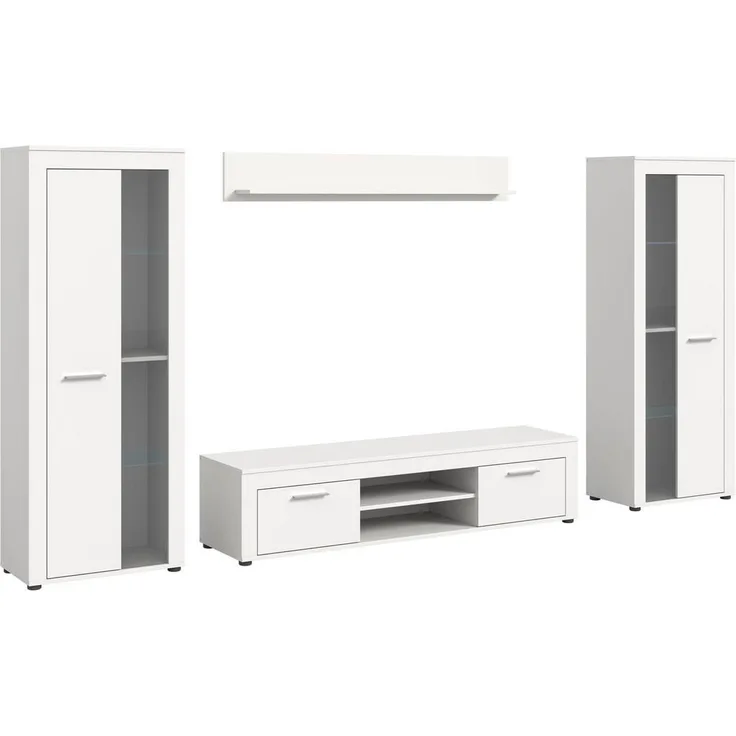 Xonox Wohnwand, Weiß, Wohnkombination aus Holzwerkstoff, 310x159x35 cm mit Glastüren und Glasböden, FSC®-zertifiziert
