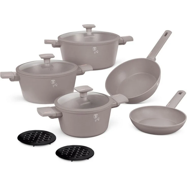 BerlingerHaus Topf-Set Premium Alu Kochset 10-teilig, Titan-Antihaft, Induktion, matt Taupe, (10-tlg), 10-teiliges Alutopf-Set mit Titan-Beschichtung & Siebdeckeln in Taupe – Bild 3