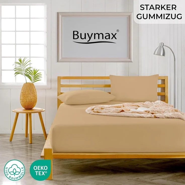 Buymax® Spannbettlaken 160x200 cm Baumwolle 100% Spannbetttuch Bettlaken Jersey, Matratzenhöhe bis 25 cm, Farbe Sand – Bild 2