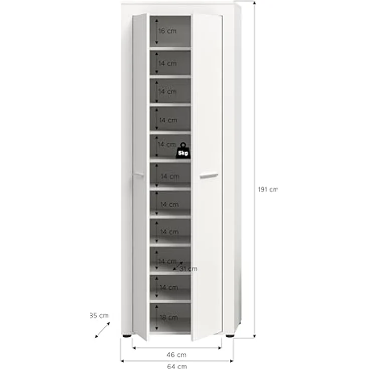 xonox. home Garderobe Jam X8BA9613 Schuhschrank Garderobenschrank Schrank in Weiß Nb. ca. 64 x 191 x 35 cm – Bild 4