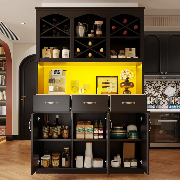 EINHOM Küchenschrank (120 x 40 x 180 cm), Hohes Küchenbuffet, Mehrzweckbuffet, Snackschrank, Aufbewahrungsmöbel mit drei Türen, Drei Schubladen und LED-Beleuchtung, Schwarz – Bild 4