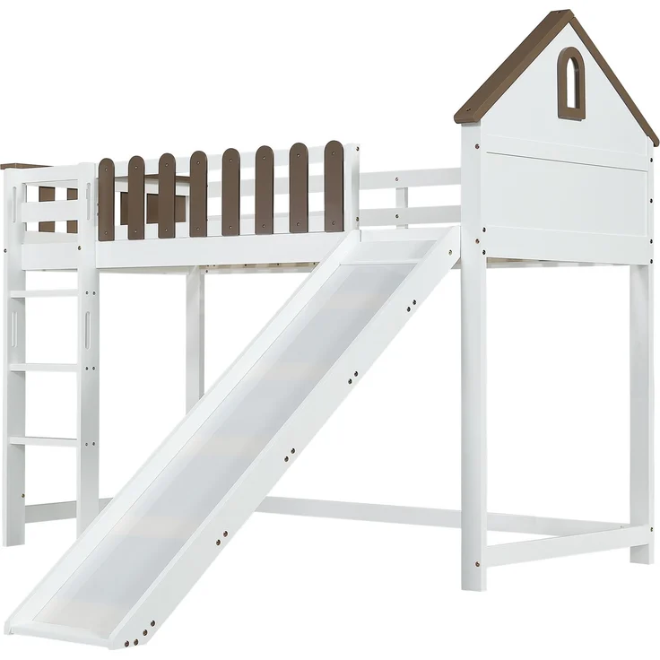 Merax Etagenbett, mit Rutsche, mit Fenster, mit Lattenrost, Holz Weiß+Walnuss, 90x200 cm – Bild 9