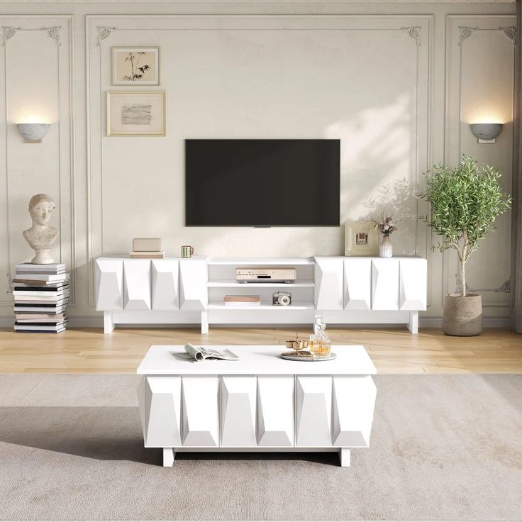 EINHOM Wohnzimmer Set TV Lowboard Couchtisch Fernsehschrank Spanplatte Relief 4 Türen Offene Ablage Wohnzimmer – Bild 5