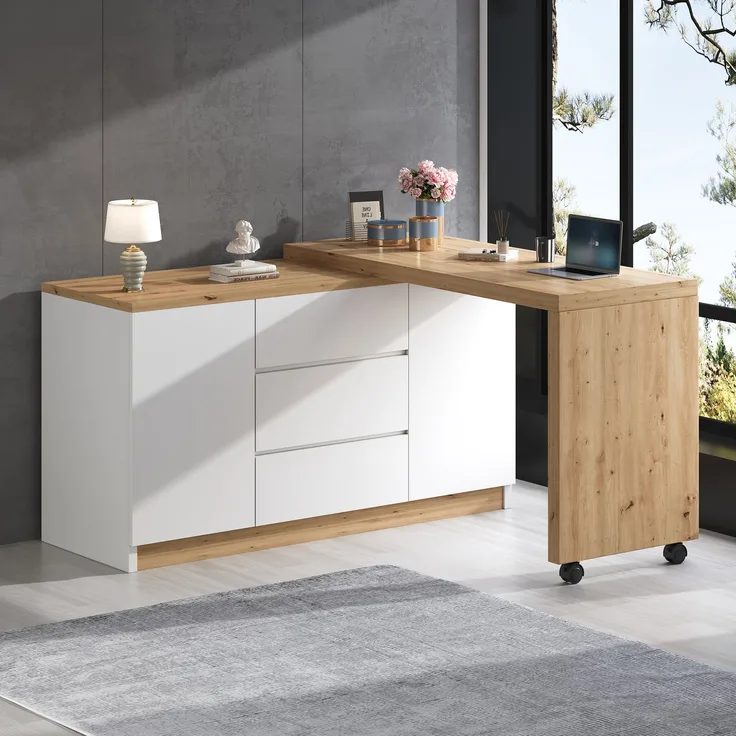 Schreibtisch 120 × 50 × 76,5 cm, drehbar und klappbar, 3 Schubladen, 2 Türen, 2 feststellbare Rollen, 4 cm starke Platte, Spanplatte, Weiß/Eiche