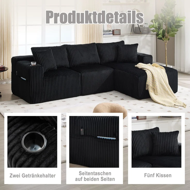 Modulares Sofa Set mit Chaiselongue & 2-Sitzer in Schwarz, weicher Cordbezug, 5 Kissen, Getränkehalter – Bild 8