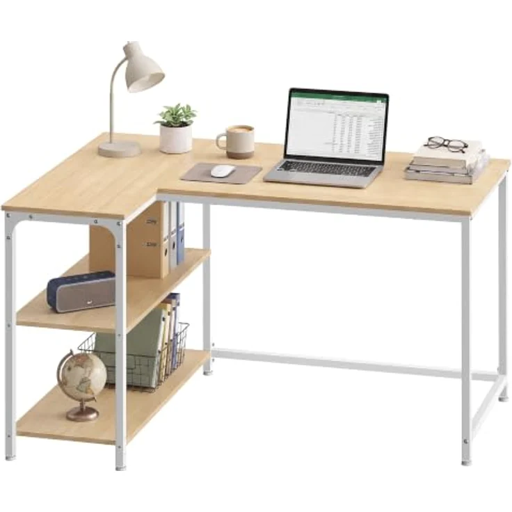 VASAGLE Eckschreibtisch in L-Form, Computertisch, 110 x 80 cm | mit Stauraum, höhenverstellbare Ablage, 2 AC-Steckdosen und 2 USB-Anschlüssen, Natürliche Eiche, BARNET Kollektion LWD135Y101 – Bild 4