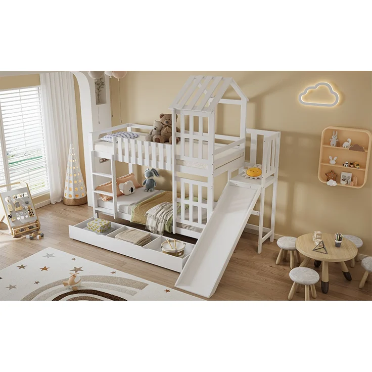 Merax Etagenbett , Kinderbett mit Rutsche, Dach & Fenster, Schublade mit Rollen, Kiefer MDF Weiß, 90x200cm – Bild 7
