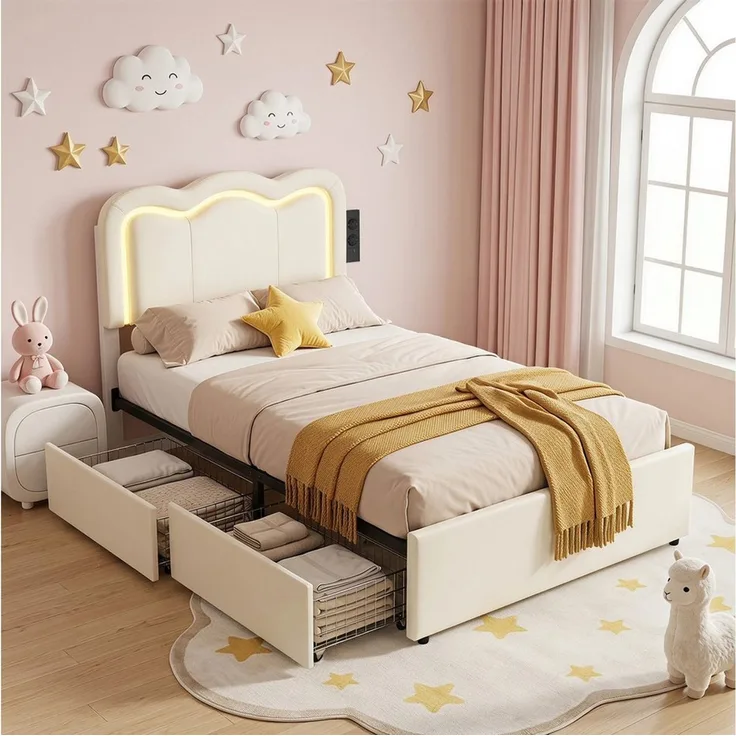 oyajia Polsterbett Kinderbett Stauraumbett, Ladestation & LED-Beleuchtung,PU-Kunstleder (Kopfteil hochstellbar, 4 Schubladen), Modernes Jugendbett, Leises Design Bett, Max. Belastbarkeit 350 kg