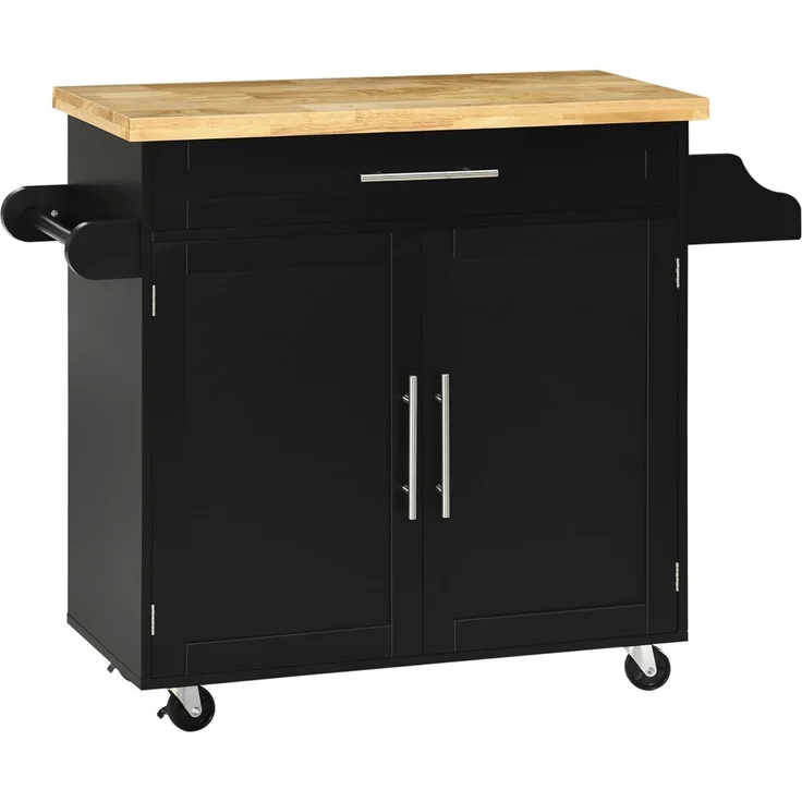 HOMCOM Servierwagen Küchenwagen mit Gewürzregal, Handtuchhalter, Arbeitsplatte, (Rollwagen, 1 St, Küchentrolley), für Wohnzimmer Esszimmer Schwarz 109 x 40 x 89 cm – Bild 1