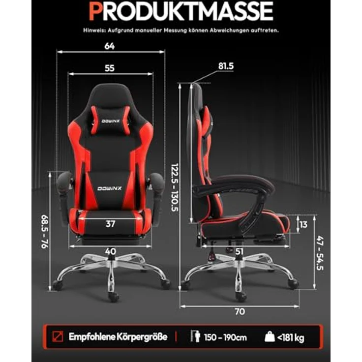 Dowinx Gaming Stuhl Bürostuhl Massage Gaming Sessel mit höhenverstellbaren Linkage-Armlehnen, ergonomischer Gamer Stuhl mit Fußstütze, gepolstert Gaming Chair 150° neigbar bis 180 kg, Rot – Bild 4