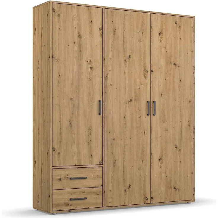 Rauch Möbel Voyager Schrank Kleiderschrank Drehtürenschrank, Eiche Artisan, 3-türig mit 2 Schubladen, inkl. 1 Kleiderstange, 3 Einlegeböden BxHxT 140x194x53 cm