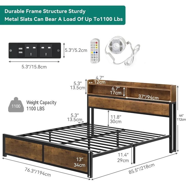 YITAHOME Bettrahmen, LED mit Kopfteil, USB-Anschlüssen und Ladeanschlüssen, Metall-Plattform-Bettrahmen mit 2 Ablagen, kein Boxspringbett erforderlich, Super-King-Size-Größe, Holzfarbe – Bild 2