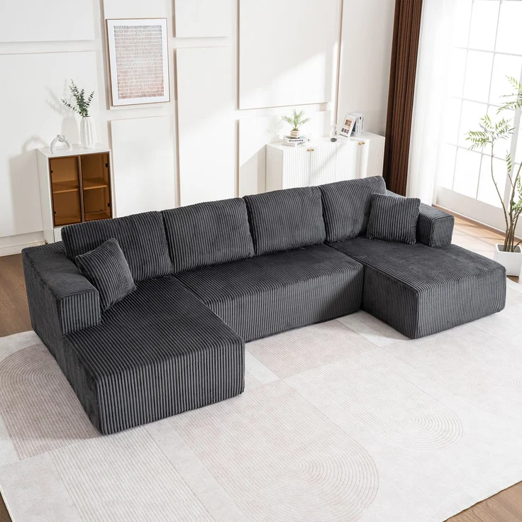 Schlafsofa U-Form 332x156x88 cm Grau aus Corduroy mit Federkern- und Schwammkernkomfort, ohne Montage – Bild 2