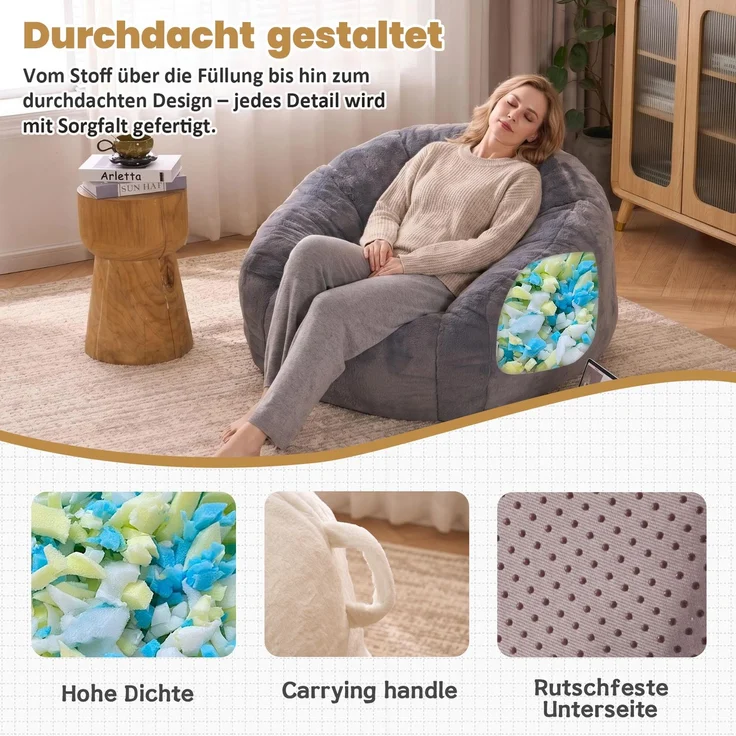 Wohnora-Sitzsack, ein Sitzsack für Erwachsene und Kinder, ein superweicher, bequemer und flauschiger Sitzsack für den Boden, ideal zum Spielen, Lesen und Entspannen - Mittel(Hellgrau),H 60cm x T 98cm x B 98cm,Grau – Bild 3
