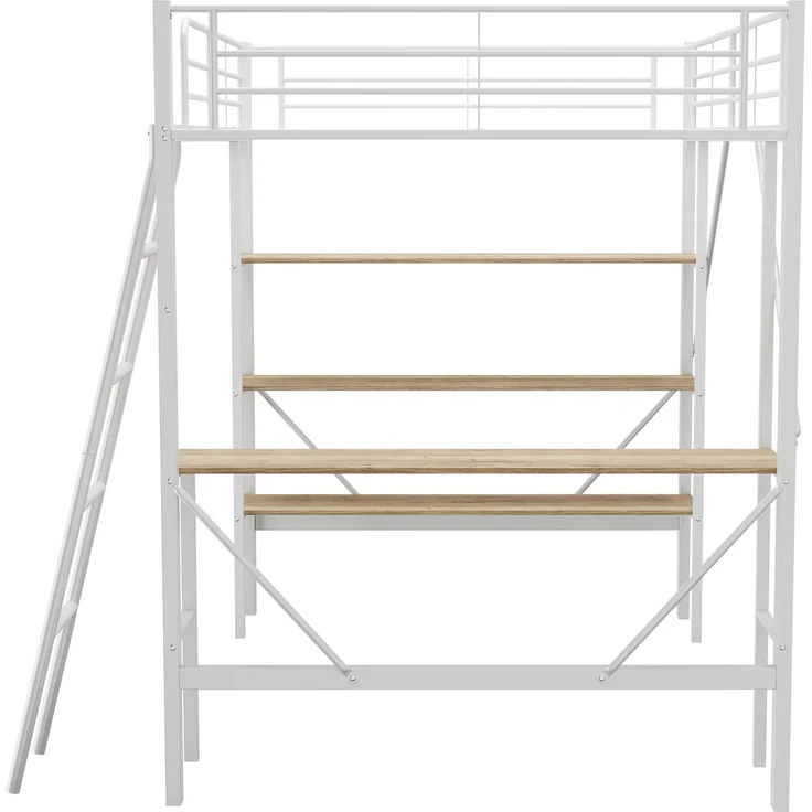 Weißes Metall-Hochbett 90x200cm mit Schreibtisch & 3 Ablagefächern, stabiler Stahlrahmen inkl. Lattenrost ohne Matratze – Bild 5