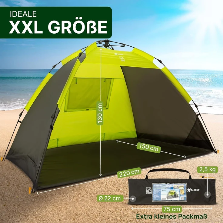 EXPLORER XXL Automatik Strandmuschel mit UV Schutz 80+ [220 x 150 x 130 cm] kleines Packmaß leicht und schnell in Sekunden aufgebautes Strandzelt Sonnenschutz Muschel automatisch Windschutz grün – Bild 2