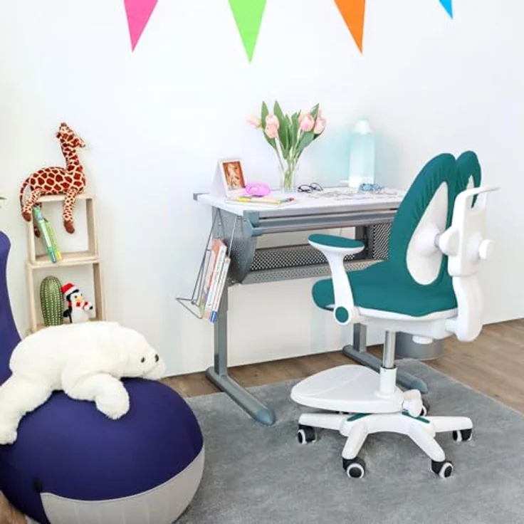 hjh OFFICE 736416 Kinder Schreibtischstuhl Kid Wing Stoff Kinderschreibtischstuhl mit Fußablage, Armlehnen klappbar, Blau/Weiß – Bild 3