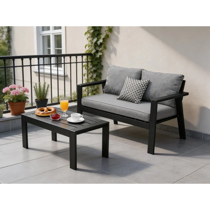 MeXo Gartenlounge-Set Aluminium Balkonmöbel Set Wetterfest, (Einteiliges Premium Sitzkissen 10cm, 2-tlg, Loungetisch 100x50cm), Balkon Lounge Set klein, Balkonsofa 2 Sitzer – Bild 1