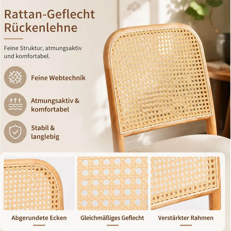 6 Esszimmerstühle aus Massivholz mit Rattan-Rückenlehnen, bequem und atmungsaktiv, geeignet für Esszimmer, Wohnzimmer, Cafés, moderner Stil, Leinen, Holzfarbe--Holz--52x45x84cm--YOUDENOVA – Bild 5