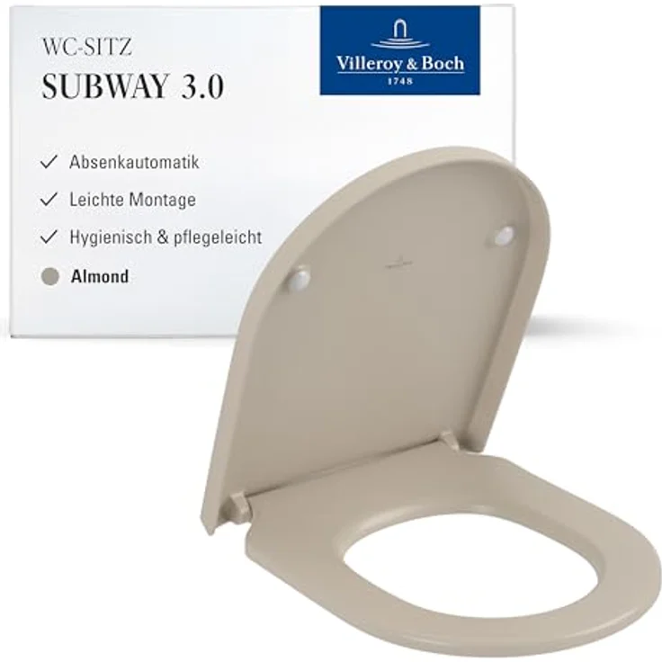 Villeroy & Boch Subway 3.0 WC-Sitz, Toilettendeckel mit Absenkautomatik, abnehmbarer Toilettensitz aus bruchsicherem Duroplast, Klodeckel Original Ersatzteil, D-Form, Almond, matt – Bild 2