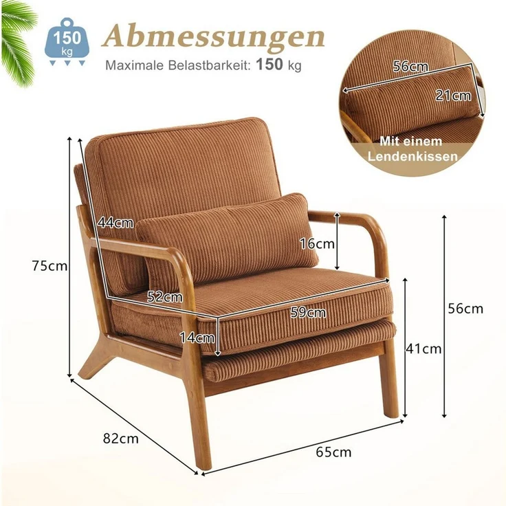 VINGLI Cocktailsessel, Moderner loungesessel, Sessel mit Massivholz, Lesesessel, bis 200 kg belastbar, Cord-Stoff – Bild 2