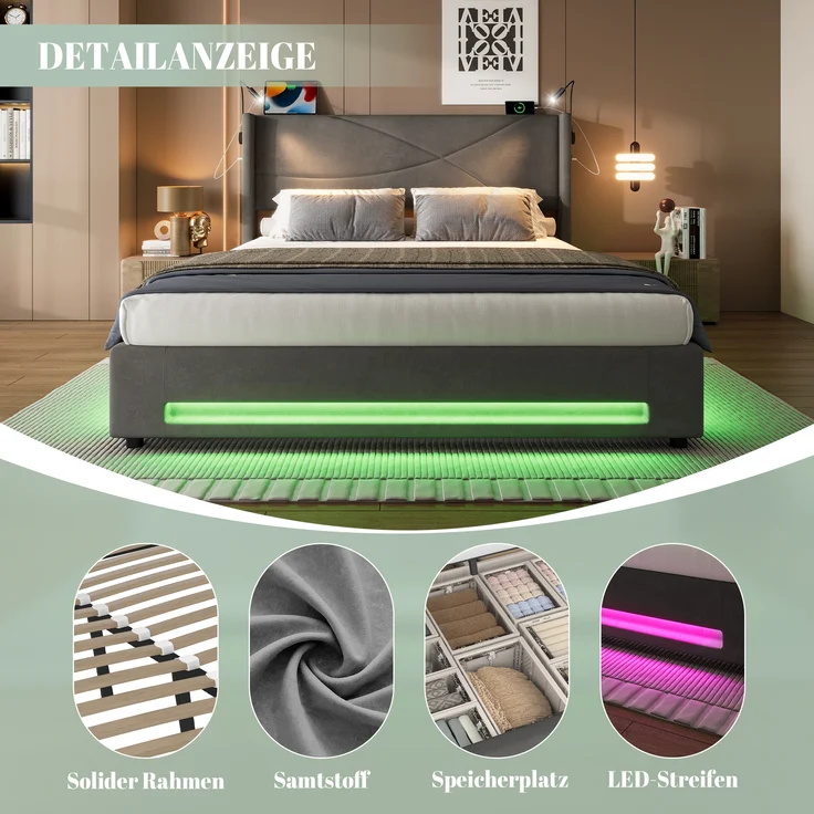 LVHOM Boxbett 160x200cm, Bettgestell mit integrierter Beleuchtung & Stauraum, USB/Typ-C-Ports, XXL-Hydraulik-Storage, platzsparend & Smart-Home-Anschlüssen – Bild 10