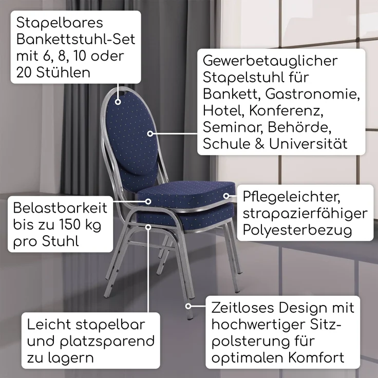 Stapelstuhl 8er-Set, Bankettstuhl stapelbar, Stahl Silber, Stoff Blau | Raburg David – Bild 2