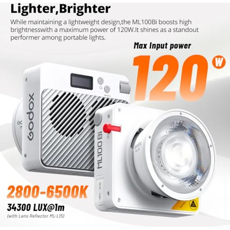 Godox ML100Bi 120W LED Video Licht, Bi-Color, 34300Lux CRI97+/TLCI98+, APP Steuerung, USB-C Aufladung, 11 FX Effekte für Filmemachen/Outdoor Fotografie – Bild 2