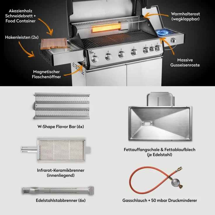 BURNHARD® Gasgrill 6-Brenner, 5x Edelstahl-Stabbrenner, 3,5 kW, Infrarot-Keramikbrenner, Heckbrenner, Seitenkochfeld, große Grillfläche, Piezo-Zündung – Fat FRED Deluxe - Silber - #947148 – Bild 4