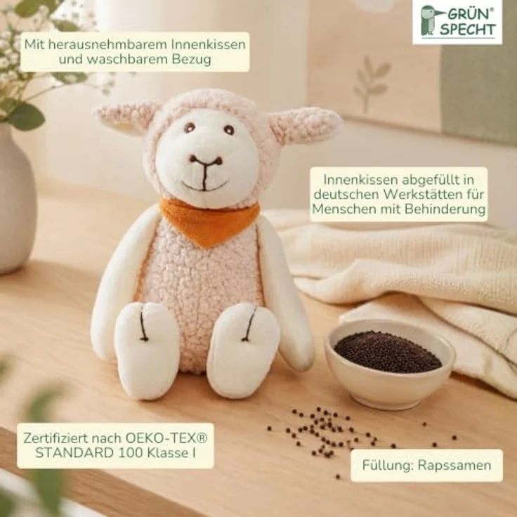 GRÜNSPECHT Wärme-Kuscheltier, Innenkissen mit Rapssamenfüllung, Schaf Baby | Medizinprodukt: Innenkissen aus 100% Baumwolle, für Mikrowelle & Backofen, Bezug waschbar - bei Bauchschmerzen – Bild 3