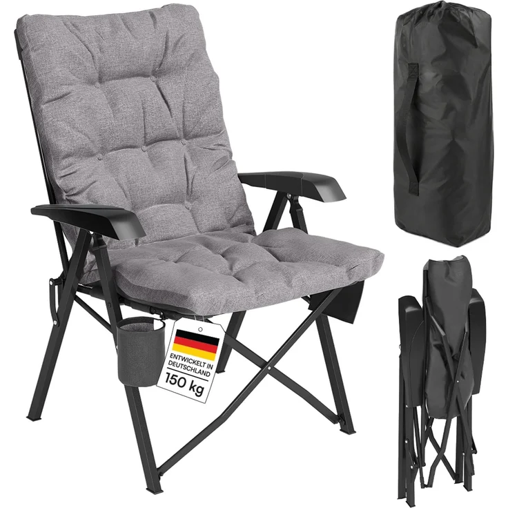 STEELSØN 'Hoggar' Campingstuhl faltbar mit Seitentasche und Getränkehalter, grau, bis 150 kg, gepolsterter Campingstuhl – Bild 1