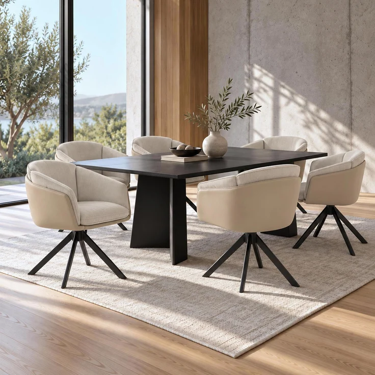 6er-Set Esszimmerstuhl HWC-R24, Küchenstuhl, drehbar Metall Kunstleder Stoff/Textil Cord ~ beige – Bild 1