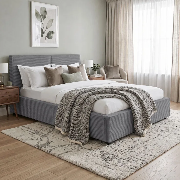 Juskys Polsterbett Salerno 140 x 200 cm – Cord Grau, modernes Bett mit Kopf- & Fußteil, stabilem Holz- & Metallrahmen, Lattenrost, 500 kg Tragkraft