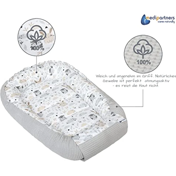 Medi Partners Babynest Kuschelnest Babynestchen 100% Baumwolle Waffle Nestchen Reisebett für Babys Säuglinge 100 x 60 x 15 cm Sicherer Verschluss (Lichtung mit Grauer Waffle) – Bild 8