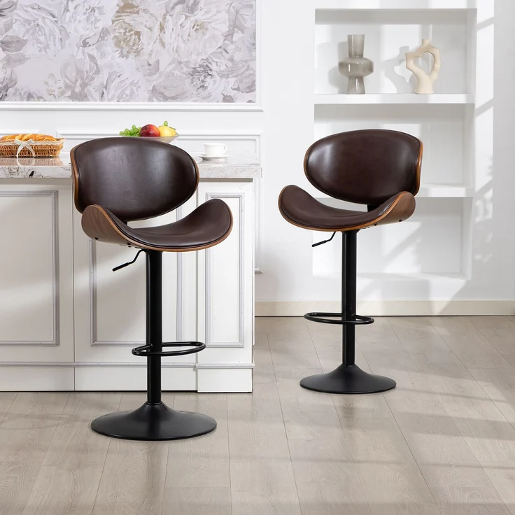 Drehbare Barhocker, 2er-Set, höhenverstellbare Barhocker aus gebogenem Holz, Barstuhl mit PU-Lederbezug, ergonomischer Rückenlehne und Fußstütze, für Bar, Kücheninsel zu Hause(Brown PU Leather)--Braun--51x50x93cm--YOUDENOVA – Bild 6