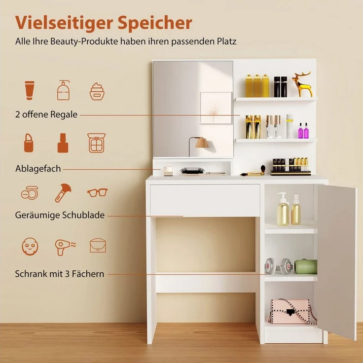 oyajia Schminktisch Frisierkommode mit Spiegel,1 Schubladen,3 offene Fächer, Modern (80 x 40 x 132 cm,Weißer, Frisiertisch mit Spiegel), modern, 1 Schubladen, Stauraum – Bild 2