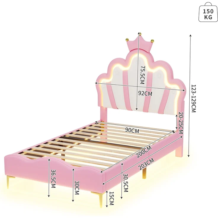 90*200cm Flaches Doppelbett, kronenförmiges Prinzessinnenbett, weiche Polsterung aus PU-Leder, verstellbarer LED-Umgebungslichtstreifen, Rosa – Bild 5