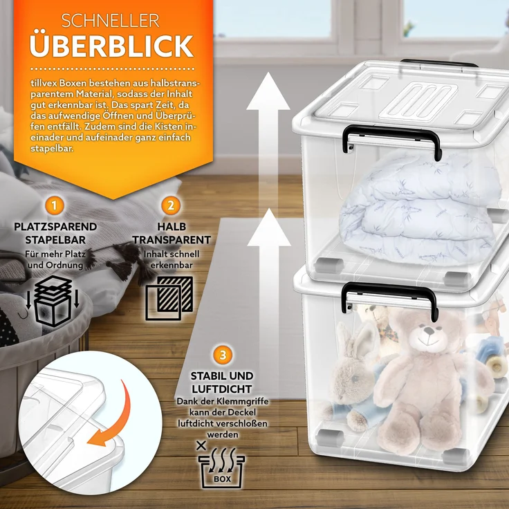 tillvex® Aufbewahrungsboxen mit Deckel 4er Set - 42L, lebensmittelecht | Kunststoff Boxen Set stapelbar | Aufbewahrung Ordnungssystem Box groß | Aufbewahrungsbox Kleiderboxen transparent 100% Neumaterial – Bild 3