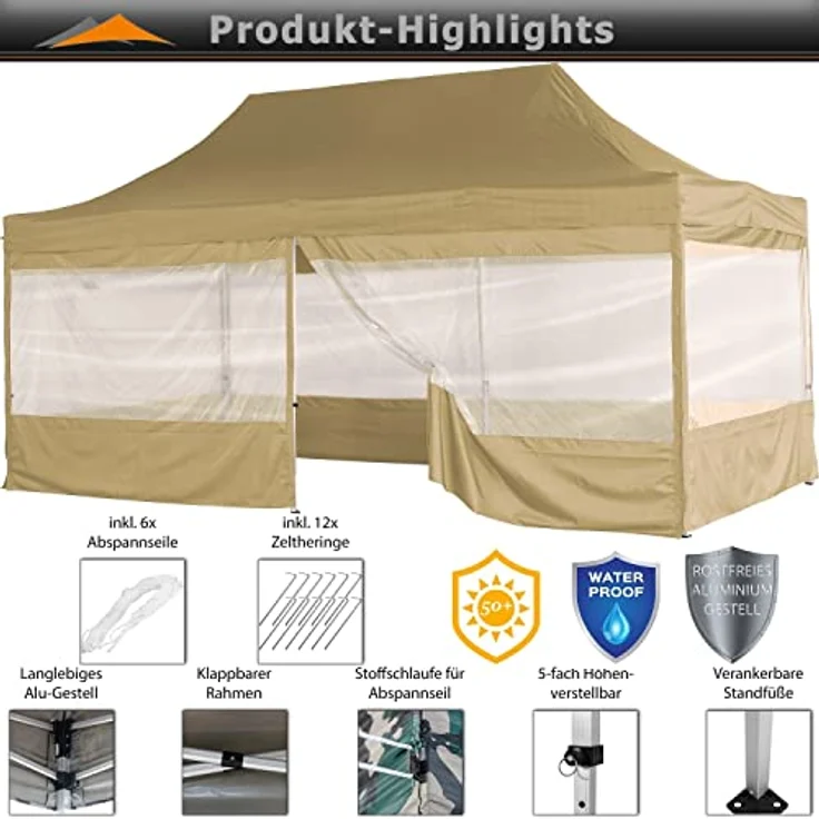 INSTENT® Faltpavillon, Aluminium / Polyester champagner, 3x6 m – Bild 3