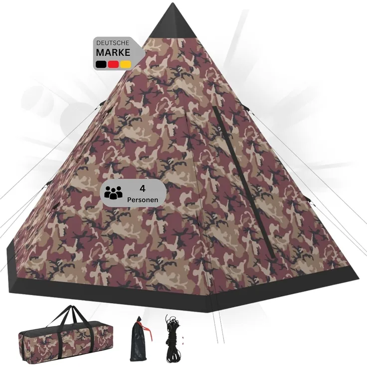 DELUKE® Campingzelt 4 Personen TIPI camouflage regenfest, atmungsaktiv Tipi Pyramidenzelt Familienzelt für 4 Personen Gruppenzelt Zelt Camping Zelt Outdoor Zelten