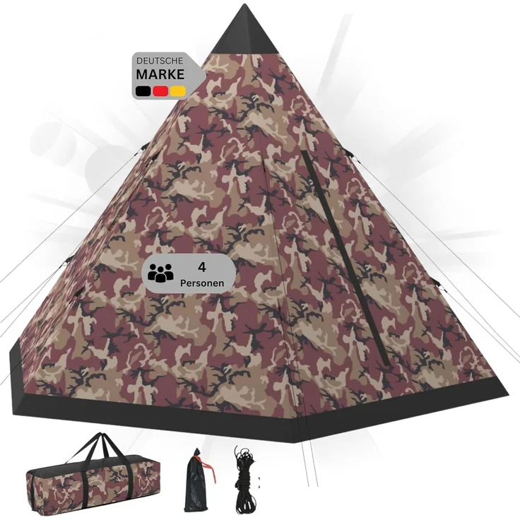 DELUKE® Campingzelt 4 Personen TIPI camouflage regenfest, atmungsaktiv Tipi Pyramidenzelt Familienzelt für 4 Personen Gruppenzelt Zelt Camping Zelt Outdoor Zelten – Bild 1