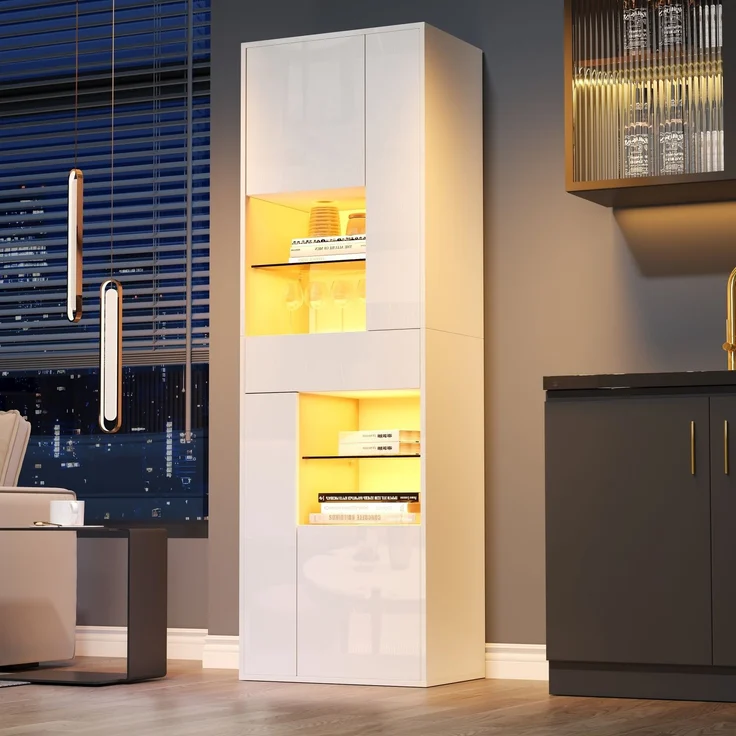 Merax 170cm Verkaufsvitrine, Hochschrank mit 1 Schublade und 4 Schränken, Glasvitrine Vitrinenschränke mit led beleuchtung, Vitrinen Mit Hochglanz-Design, Weiß – Bild 1