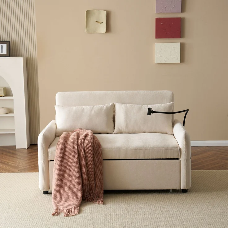 Ausziehbares Schlafsofa 2-Sitzer mit USB-Anschluss & verstellbarer Rückenlehne mit Kissen und Stauraumtaschen,multifunktionales,Beige – Bild 5