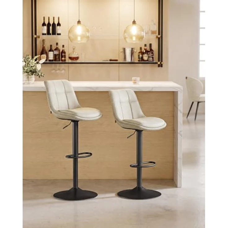 VASAGLE Barhocker 2er Set, Barstühle höhenverstellbar, drehbare Küchenhocker, PU-Bezug, mit Rückenlehne und Fußstütze, Esszimmer, Theke, hellwarmweiß-Mattschwarz LJB095W101 – Bild 2