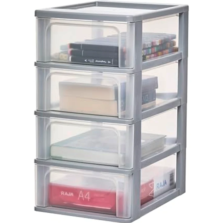Iris Ohyama, Kunststoff Schubladenbox mit 4 flachen Schubladen, Grau, Easy-Pull-System, A4, A5 & A6 Format, Schreibtisch Organizer für Büro, Schule, Schreibwaren, BPA-frei, Schubladenschrank, OCH-2004 – Bild 6