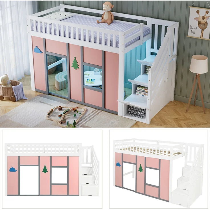 Merax Hochbett 90x200 cm, Kinderbett, Halbhochbett mit Stauraumtreppe, LED-Beleuchtung, Spielbereich, Rausfallschutz und Deko-Motiven, Weiß + Rosa, 252.5 x 95 x 142 cm – Bild 8